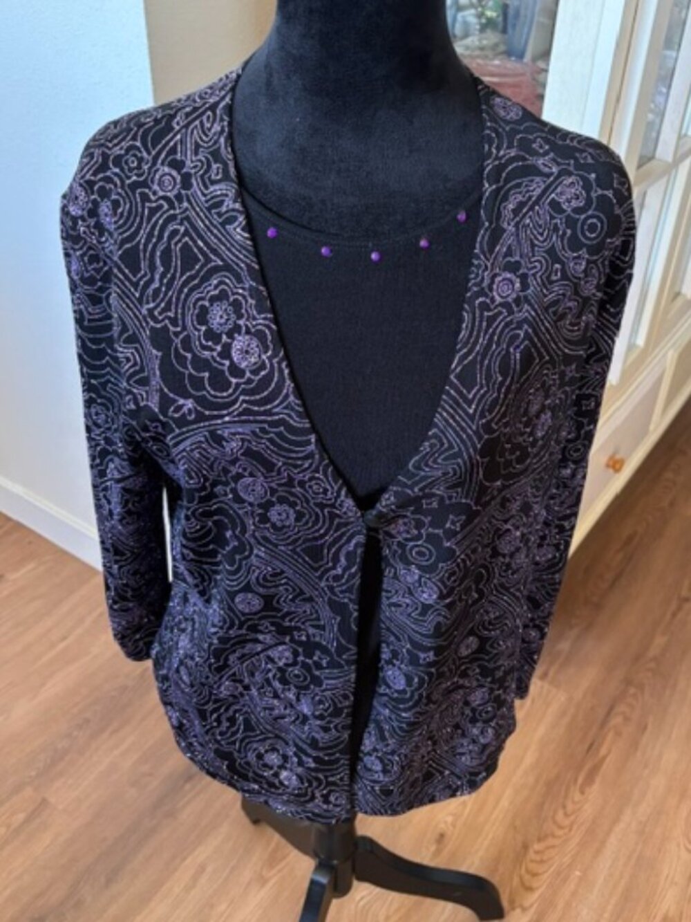 Notations Faux Layered Glittery Beaded Neckline 3/4 Sleeve Formal Top S